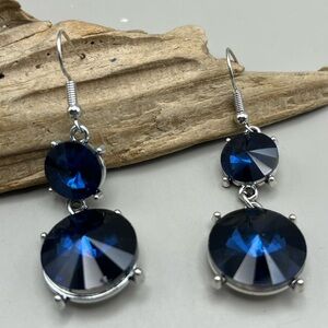 Holiday Glam Silver Toned Blue Crystal Double Drop Earrings Festive Gift Sparkle
